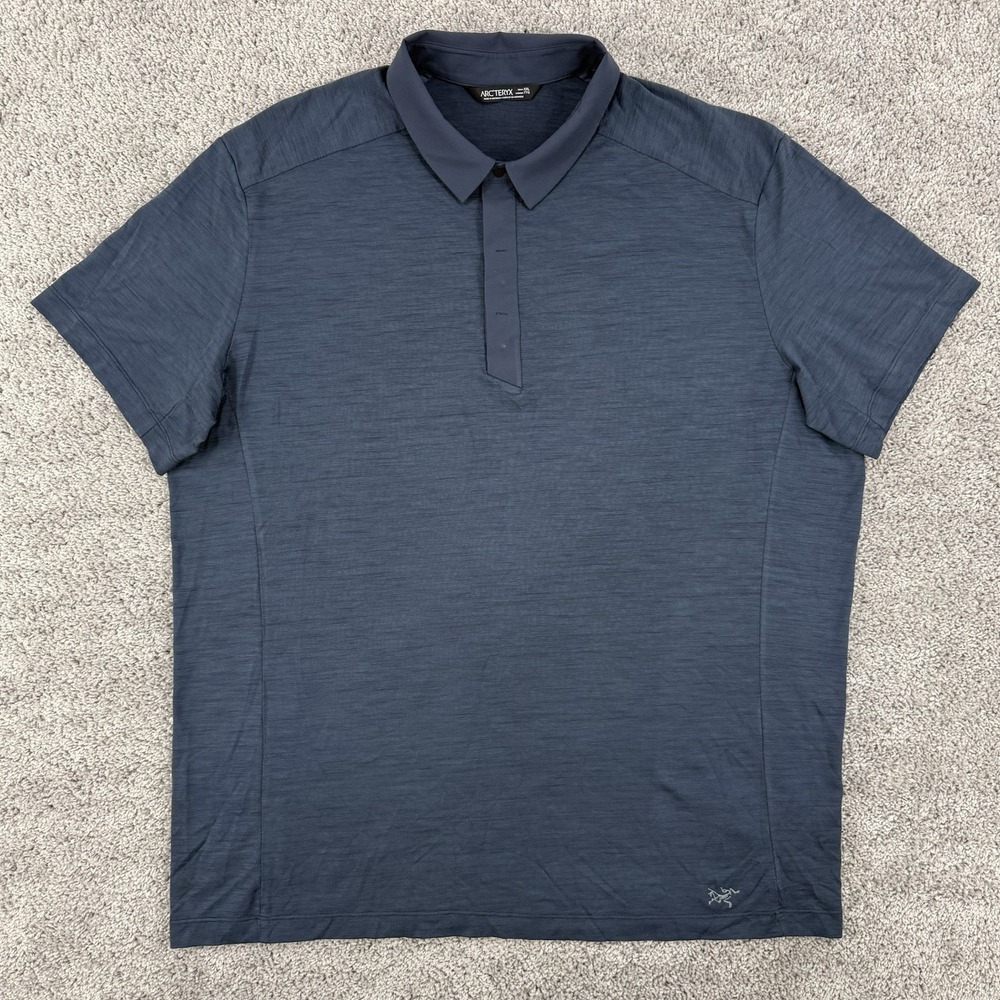 Arcteryx A2B Polo Men's XXL Navy Short Sleeve Snap Wool Blend Outdoors